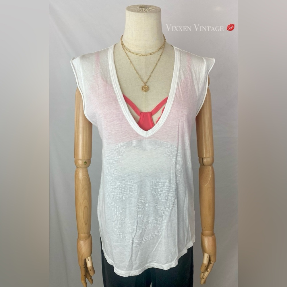 ZADIG & VOLTAIRE 'BROOKLYN STRASS' STUDDED SKULL MUSCLE TEE IN WHITE - Picture 3 of 5